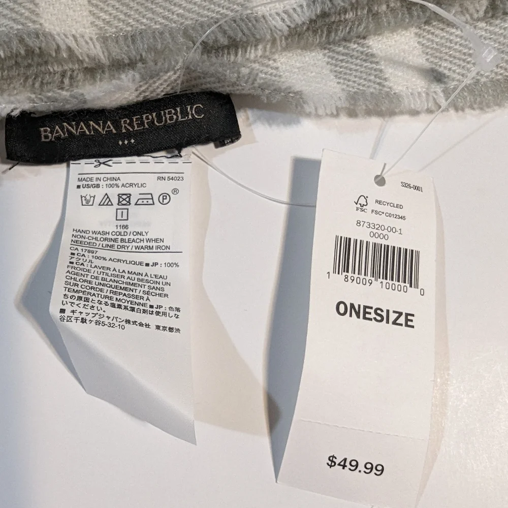 Banana Republic Factory Tartan Gray, White and Pink Plaid Fringe Scarf